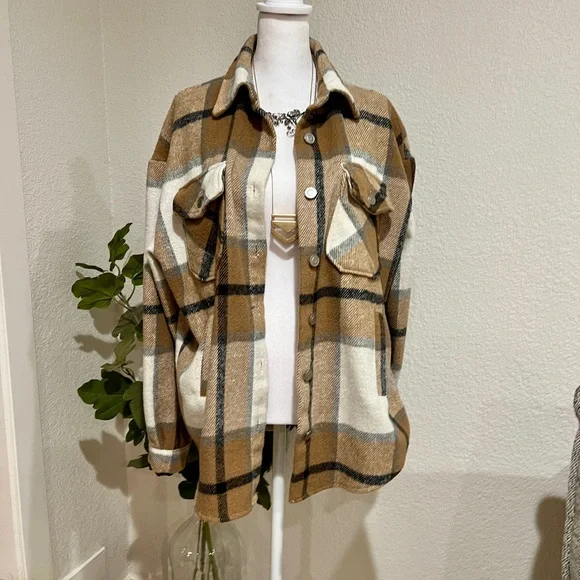 Oversized Tan and Cream Plaid Shacket - Flannel Shirt Jacket - Picture 2 of 5